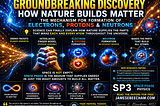 A futuristic science poster showing glowing electrons, protons, and neutrons emerging from streams of energy particles. Bright blue and gold energy pathways converge toward atomic structures in the center of the image. Scientific diagrams, coherence patterns, and particle formation graphics surround the scene, illustrating a proposed step-by-step assembly process that transforms energy into matter within the SP3 Space-Phase framework. The design uses cinematic cosmic visuals and modern particle