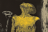 A striking illustration of a humanoid figure composed of intricate yellow lines and geometric shapes, emanating a radiant glow from its chest, creating a sense of energy and life. In the background, two futuristic spacecraft hover against a stark black backdrop, with faint outlines and intricate details adding depth to the scene.