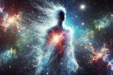 A cosmic, otherworldly image of a human body breaking up into light or merging with the cosmos.