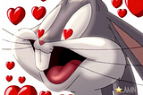 Awestruck Bugs Bunny with hearts as pupils and surrounded by bubbly hearts