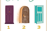 “Choose a Door” words at the top and 3 illustrations of doors with a 1, 2, 3 underneath. May pick-a-card reading