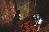 Screenshot of Silent Hill (1999, PS1) which shows protagonist Harry Mason fighting a Nurse with a rusty pipe