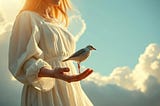 woman in a white dress with a bird in her outstretched hand