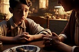 Nathan sitting at the kitchen table with his dad. A serious conversation.