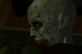 Bloody-mouthed zombie turns to look at the player (you)