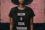 Painting of a Black woman with a big afro wearing a black shirt with the text ‘Racism is Social Terrorism’ written in white text in all caps.