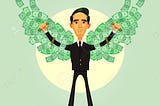 An animated man standing with cash in hand