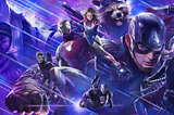 A collage of Marvel film heroes, including Captain America, Rocket, Captain Marvel, Iron Man, Hawkeye, War Machine, Black Widow, and Thanos, as a promotional art for Avengers: Endgame.