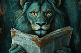 a beautiful lion, reading newspaper for news, in the style of mystical realism, detailed facial features, dark cyan and gold, mixes realistic and fantastical elements, twisted futurism, serge marshennikov