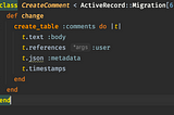 A screenshot showing that RubyMine highlights the json datatype because it doesn’t recognise it.