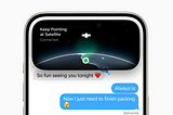 iPhone 15 Pro shows a text conversation in iMessage with a satellite image and the phrase “Keep Pointing at Satellite… Connected” in the Dynamic Island.