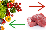 Header image with vegetables and a green arrow and meat and a red arrow — images courtesy of Adobe