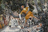 A painting of Zacchaeus, seen from behind perching on the limb of a sycamore tree, looking down at the approaching Jesus.