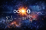A background consisting of stars in the universe and an explosion in the middle that looks like a product sign between an infinity symbol and a zero. An equation of divergent series in the foreground comes from the Poisson summation formula.