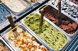 A gelato counter showing many different flavours of gelato