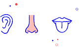 Representación gráfica de los cinco sentidos: Ojo, oído, nariz, boca y palma de la mano.