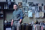Frank Auerbach in his studio, surrounded by photocopies, notes and paraphenalia