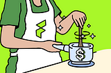 Person stirring a pot with a dollar sign on it