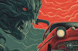 A monster in the clouds appears to be chasing a classic car against a background of storm clouds in red and gray