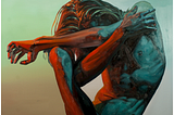 Oil painting of a colorfully lit contorted naked figure covering face