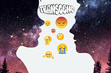 Two silhouettes of deep-space resembling a man and a woman looking at each other with the word transcend between them and various emotional emojis between them.