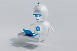 A white robot with AI written on its chest looking at a blue laptop