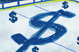 Digital painting of a hockey rink with dollar signs on the ice.