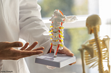 Pessoa de jaleco segura modelo anatômico da coluna vertebral com nervos coloridos, enquanto gesticula explicando; ao fundo, esqueleto humano desfocado em ambiente clínico.
