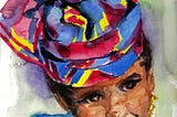 Watercolor portrait of a girl in keti Koti headress from Suriname from the author’s personal art journals