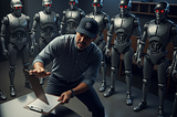 Baseball coach with robot players.