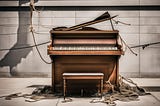 Photo shows a rickety piano haphazardly surrounded by rope.