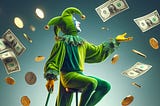 Court jester on unicycle juggling coins and dollar bills
