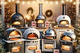 A selection of fantasy pizza ovens on sale for the holidays surrounded by festive lights and Christmas trees.