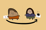 Two characters, the familiar one on the left, and another one wearing purple sweater and green skirt on the right. The character on the left is holding an envelope. The message is sent to the recipient, but gets distorted by communication barriers (slang, cultural intricacies). When opened, the letter is full of confusion.
