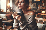 AI-generated image of a woman in her mid-thirties, looking casual and having coffee. She has green eyes, brown wavy hair. Delicate features and skinny hands. She holds the cup of coffee with both hands and sits in a wooden chair in a café.