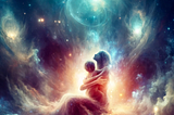 In the heart of the cosmos, a mother and child transform into celestial beings, embracing amidst the stars. Their connection illuminates the dark universe with a story of healing from past traumas alchemized into purpose and maternal love.