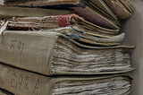 In the image is a stack of old archival records