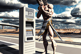 DALL-E’s view of the Greek God Mercury looking for change to pay at a tollbooth