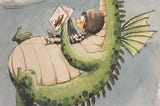 A watercolor painting of a dragon reclining while flying in the air, and there is a small child on the dragon’s lap, as the dragon is reading a book to the child. A red heart floats above the two.