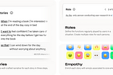 A preview of the story editor, roles, and empathy mapping using emojis from the Personify user interface.