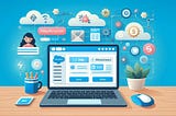 Cover image of a laptop on a desk with some clouds and some cogs