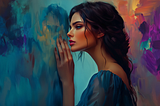 A woman in a blue dress leaning against a vivid, colorful wall, her face close to the surface, portraying deep thought and emotional connection.