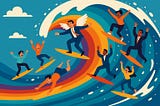 A colourful digital illustration shows a group of angel investors surfing a giant, curling rainbow barrel wave. Some wear suits, others are dressed casually in jeans, jumpers, or T-shirts, reflecting their mix of experience levels — from professional investors to friends and family backers. The wave arcs dramatically across the image, with vibrant stripes of red, orange, yellow, green, blue, and purple. One investor has cartoon angel wings, symbolising the “angel” role. The mood is joyful and en