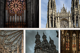 Several images of gothic cathedrals and their details, like a stained window, spires, and facade