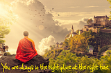 Buddhist monk sunbathing in the sun and the view of his village.