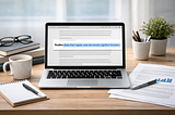 A wide, softly lit desk scene featuring an open laptop at the centre displaying a document with a highlighted blue hyperlink. Around it are neatly arranged research papers, a pen, a notebook, a coffee mug, and a small potted plant. The composition emphasizes credible, evidence‑based writing through visual cues of research and organization.