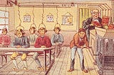 An artistic depiction of a classroom with several students, a teacher, and students wearing mind control devices. Intended to represent the connection between culture and politics.