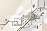 A minimalist abstract technical illustration featuring a network of intersecting circuit lines, nodes, and geometric overlays in a palette of beige, white, and soft gray.
