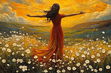 A woman wearing a long orange dress stands in a meadow filled with white and yellow flowers, arms spread wide, looking toward sunset.