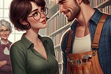 A mousy-looking but pretty woman with brown hair in a bob hairstyle and wearing horn-rimmed glasses stands in a library talking with a handsome, rugged-looking man, with a carpenter’s tool belt slung over his shoulder. The mood is flirtatious and sweet. In the background is an elderly lady, the librarian. She is looking on with a knowing smile.